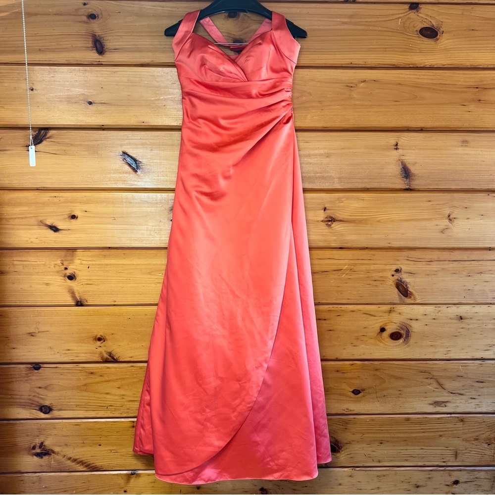 David's Bridal Elegant Coral Halter Side Draped Faux Wrap Prom Bridesmaid Gown 4